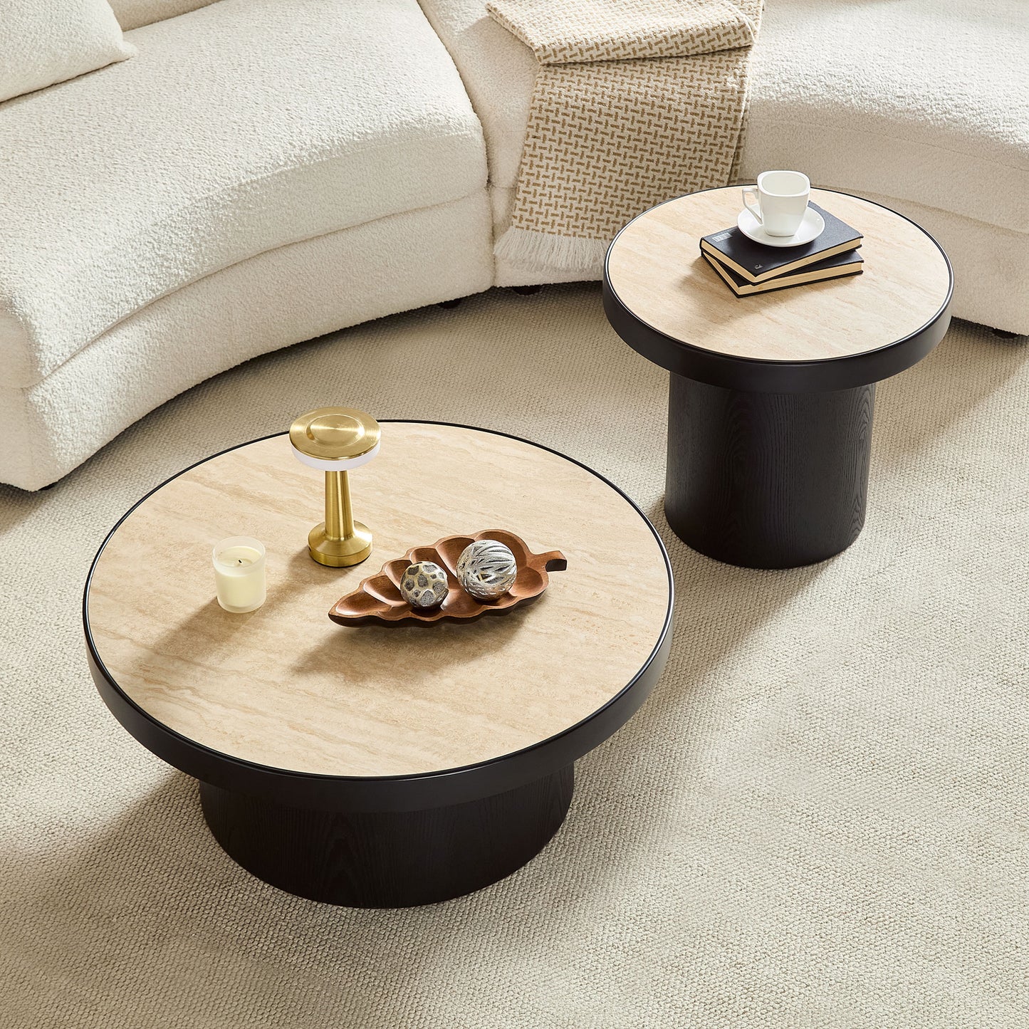 Set Of 2 Coffee Table,MDF Round Coffee Table Sintered Stone Tabletop For Living Room ,Apartment,Leisure Area BLACK