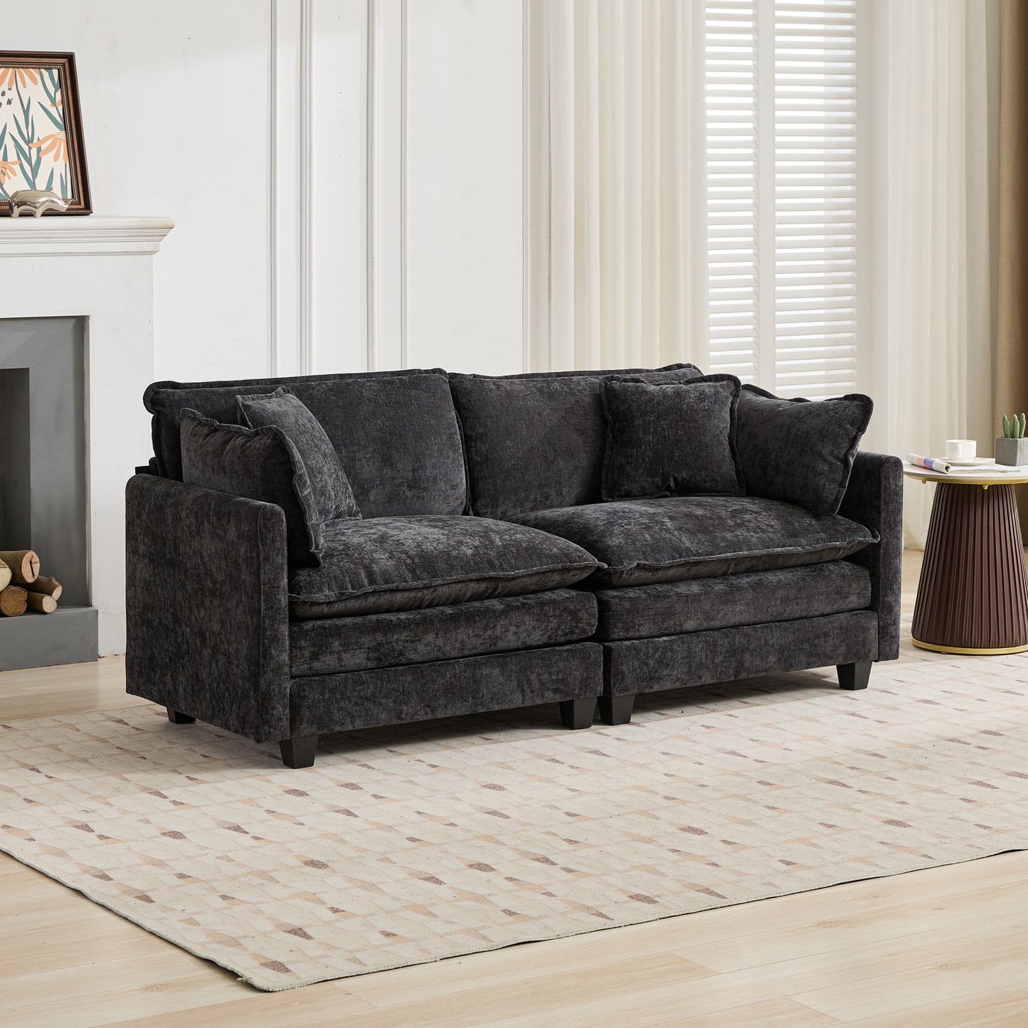 Cloud Sofa LoveSeat Ottoman Is Not Included, Modern Sectional Couch, For Living Room Bedroom And Apartment, Comfy Double Layer Upholstered Seat Cushion, Breathable Chenille Fabric, Black,SW5012BK