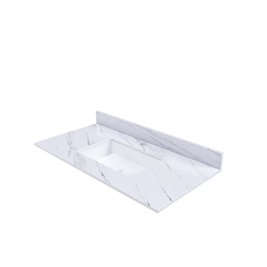 43 Inch Marble Vanity Top  White Vanity Top With 1 Pre-drilled Faucet Holes  Bathroom Vanity Top With Undermount Rectangular Middle Sink And 4 Height Backsplash   Bianco Carrara Venato