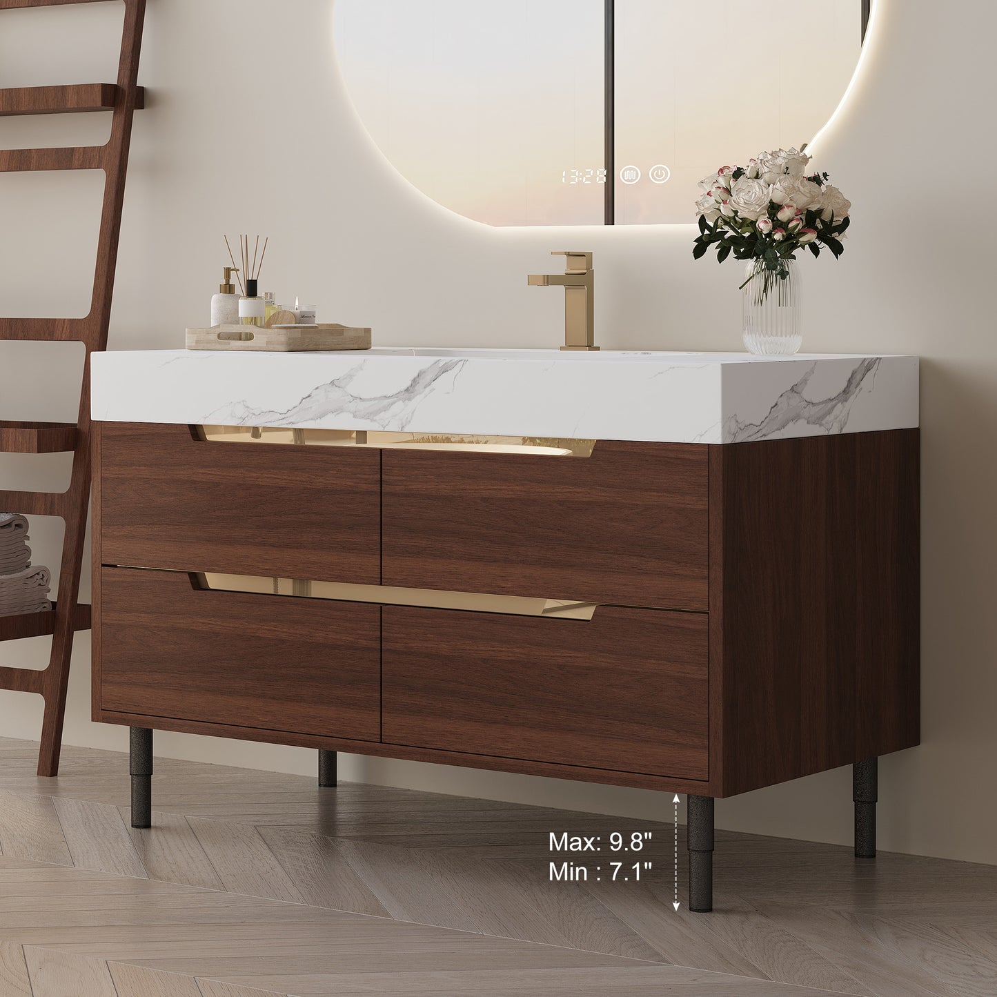35.4 Farmhouse Free-standing Sintered Stone Bathroom Vanity With Undermount Sink, Waterproof Multi-layer Solid Wood, 4 Drawers Storage, Wall-Mounted