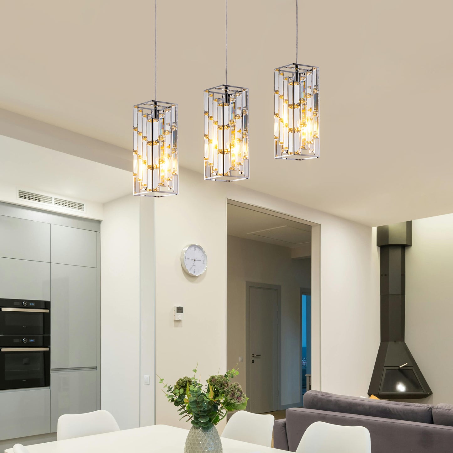 4in  Modern Crystal Pendant Light - 3 Pack, Adjustable Hanging Ceiling Lamp With Crystal Prism Design For Dining Room, Kitchen Island, And Living Room -Chrome Finish