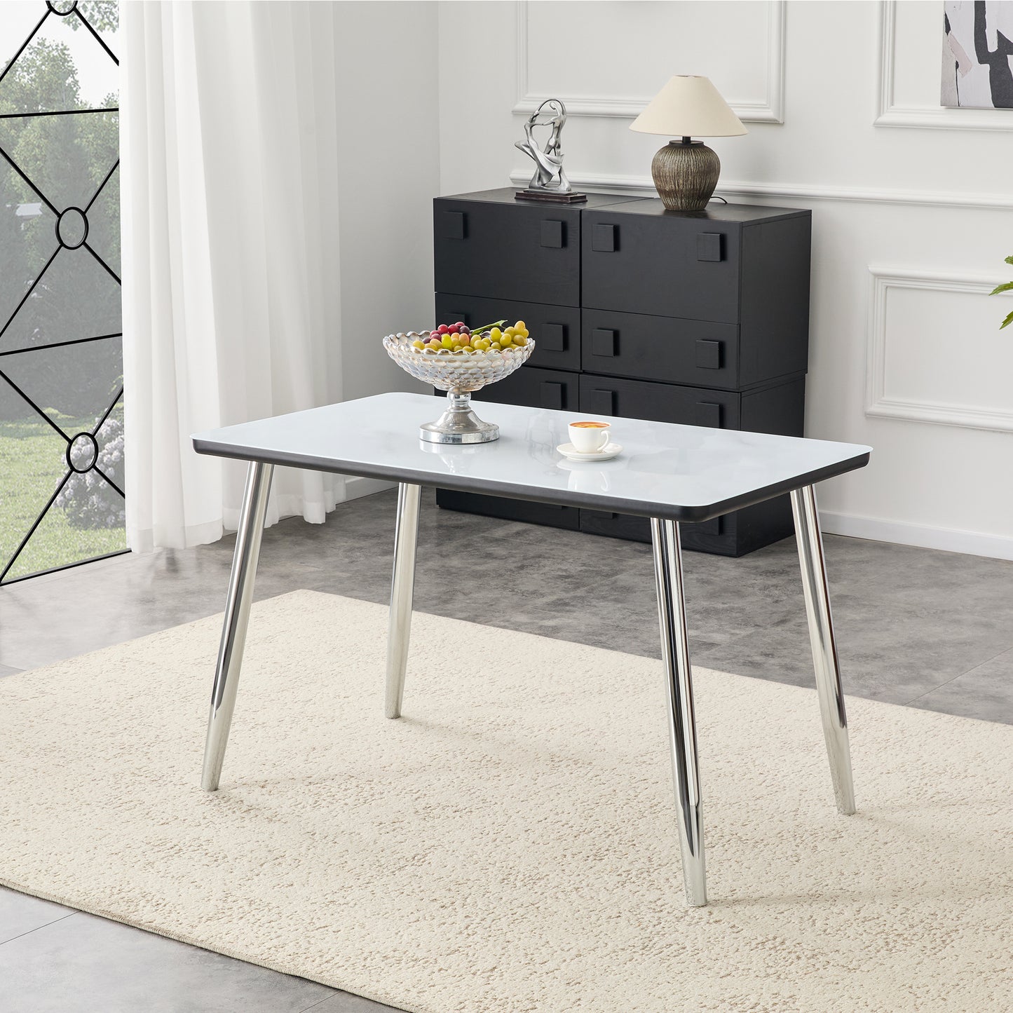 Modern Minimalist Rectangular Dining Table,suitable For 4-6 People.Tempered Glass Countertop Lower MDF Board,imitation Marble Texture,silver Metal Tapered Legs.Suitable For Minimalist Restaurants.