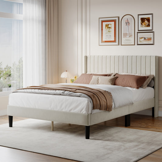 Double Bed Frame, Fabric-covered Wing-shaped Headboard And Wooden Crossbars, With A Load Capacity Of 500 Pounds, Without Box Springs