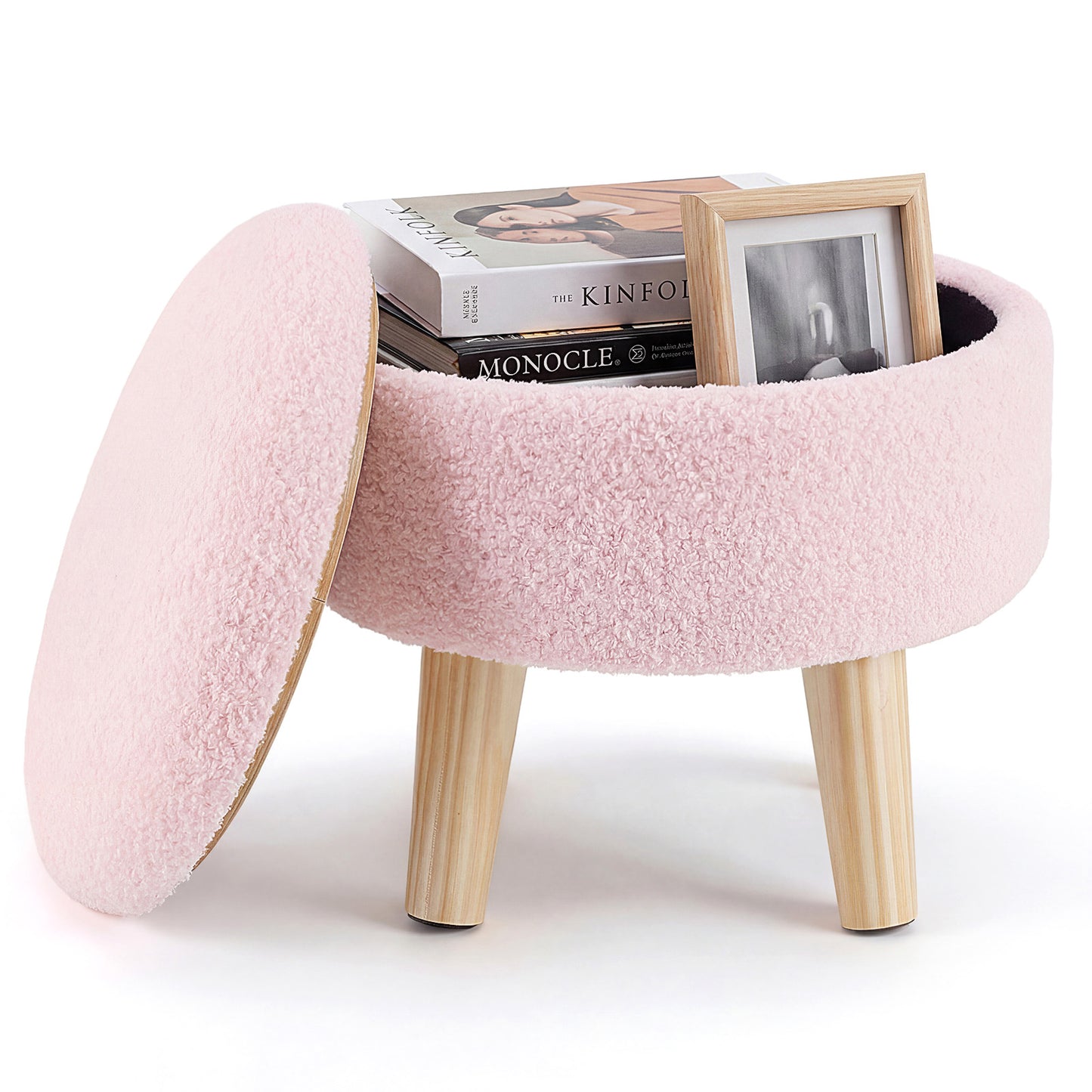 Round Storage Chair, Equipped With A Soft Cushioned Seat, Wooden-legged Footstool