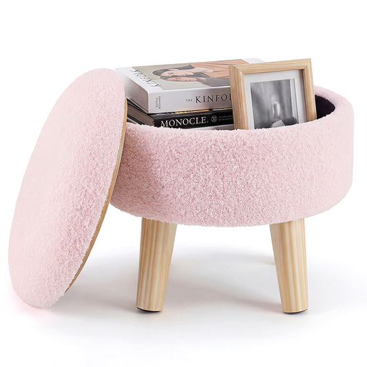 Round Storage Chair, Equipped With A Soft Cushioned Seat, Wooden-legged Footstool