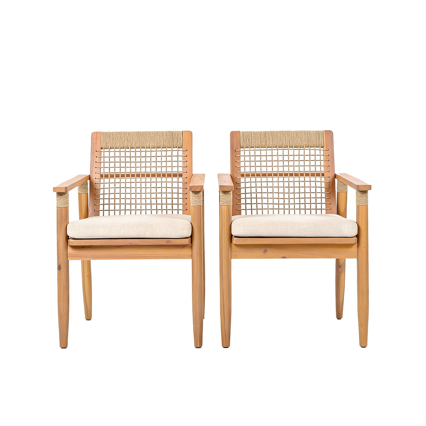 Outdoor Dining Chairs Set Of 2, Acacia Wood Patio Armchair With Multi Brown Rope Design Back And Arms And Beige Washable Cushion,for Backyard, Poolside, Garden,Light Teak