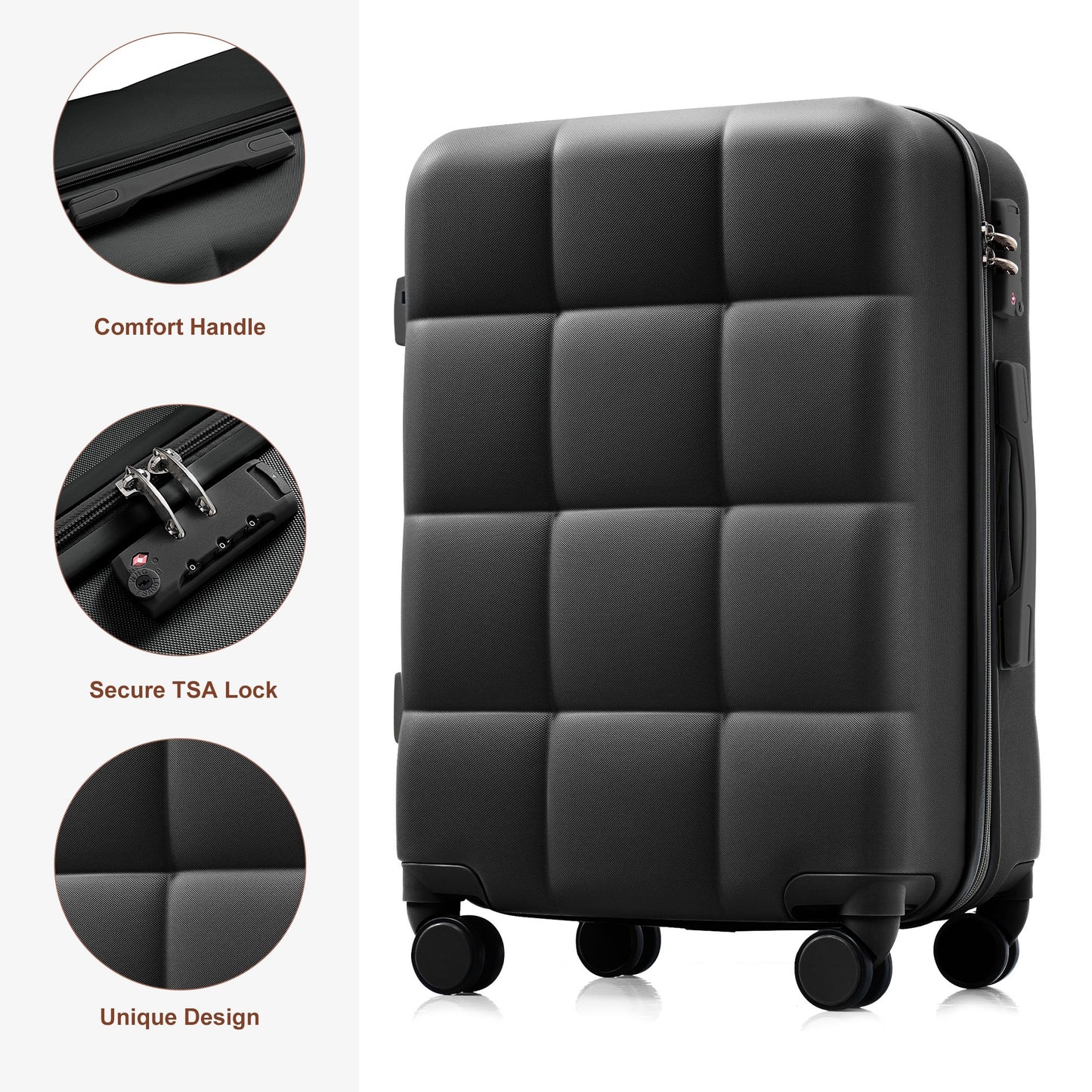 Luggage Set Of 3, Airline Certified Carry-on Luggage With Cup Holder, ABS Hard Shell Luggage With Spinner Wheels, Black