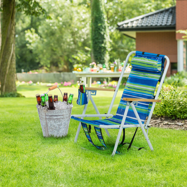 2 Pieces, Seat Height 7.9in, Width 17.7in, Depth 17.3in, Blue-green Horizontal Stripes Pattern, Iron Beach Chair, Steel Tube, Oxford Fabric, 120kg, 4-level Adjustment