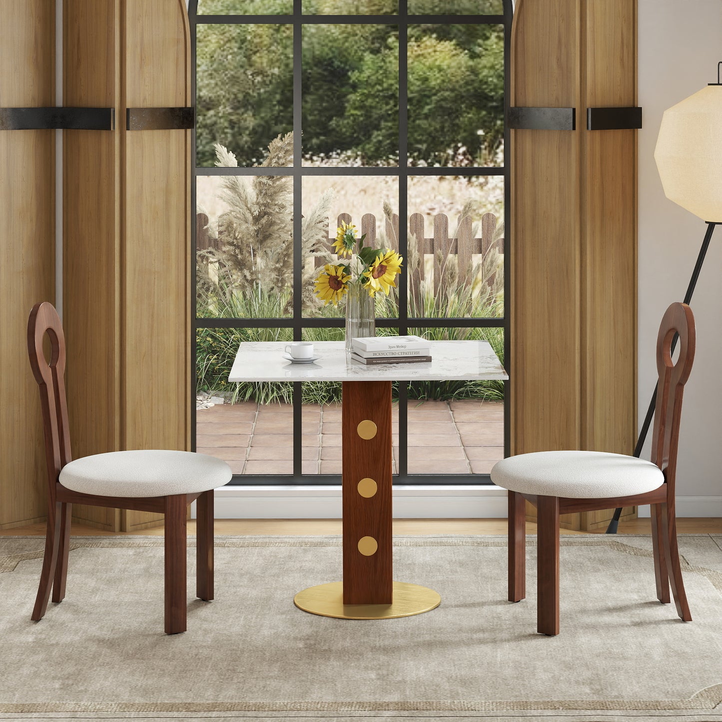 Modern Square Dining Table, 33.5  Sintered Stone Table With Wooden Leg & Gold Base, 2 - Person Kitchen Table For Small Space, 150lbs Weight Capacity Only The Negotiation Table