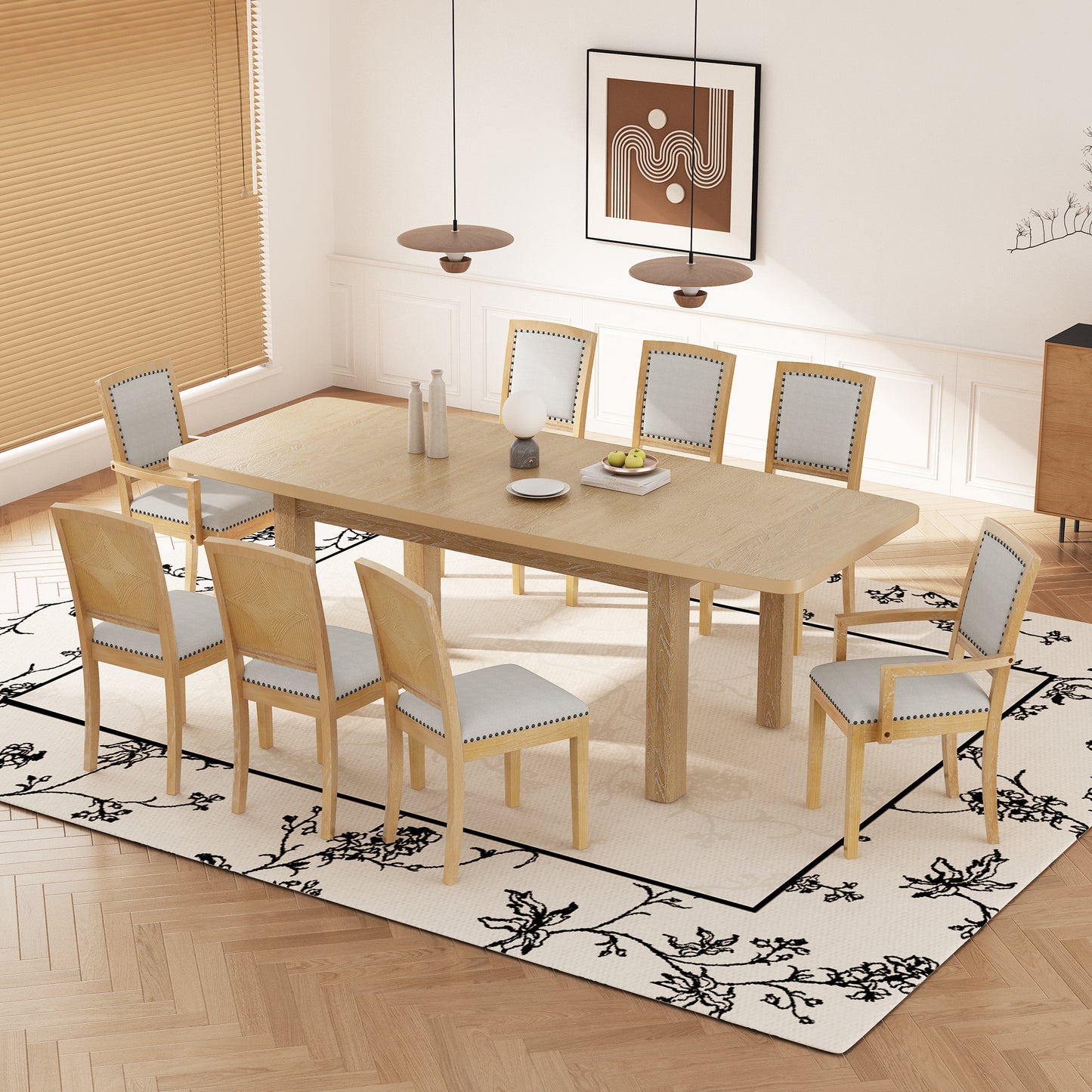 TOPMAX Rustic Extendable 84inch Dining Table Set With 24inch Removable Leaf , 6 Upholstered Armless Dining Chairs And 2 Padded Arm Chairs, 9 Pieces, Natural