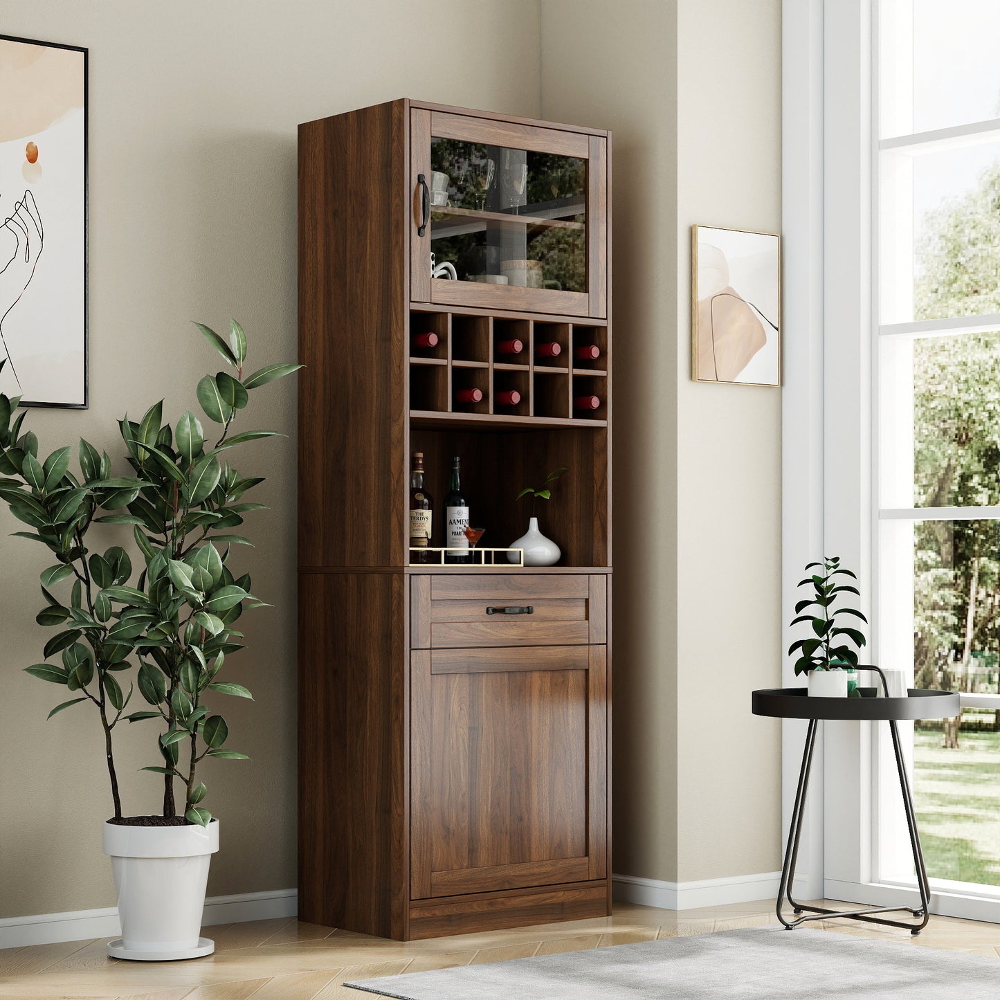 Kitchen Pantry Cabinet With Multi-functional Pull-out Multi-tier Storage Shelf,Farmhouse Storage Cabinet With Glass Doors,Pantry Organizers For Kitchen, Bar Cabinet,Dining Room
