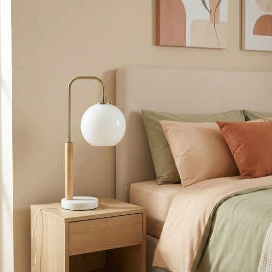 Bedroom Table Lamp Nordic Home Creative Romantic Warm Marble Study Room Desk Bedside Lamp, Auris White Globe Lampshade Table Lamp With Marble Base 110V