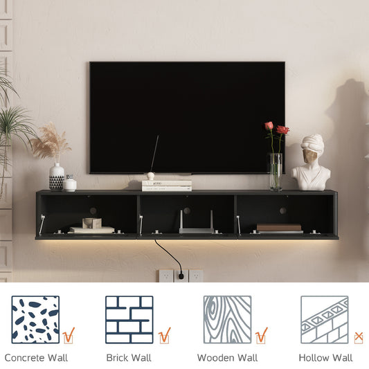 Floating TV Stand, Wall Mounted TV Shelf With Led Lights & Power Outlet,High Gloss TV Cabinet For Black Tv Stands For Living Room