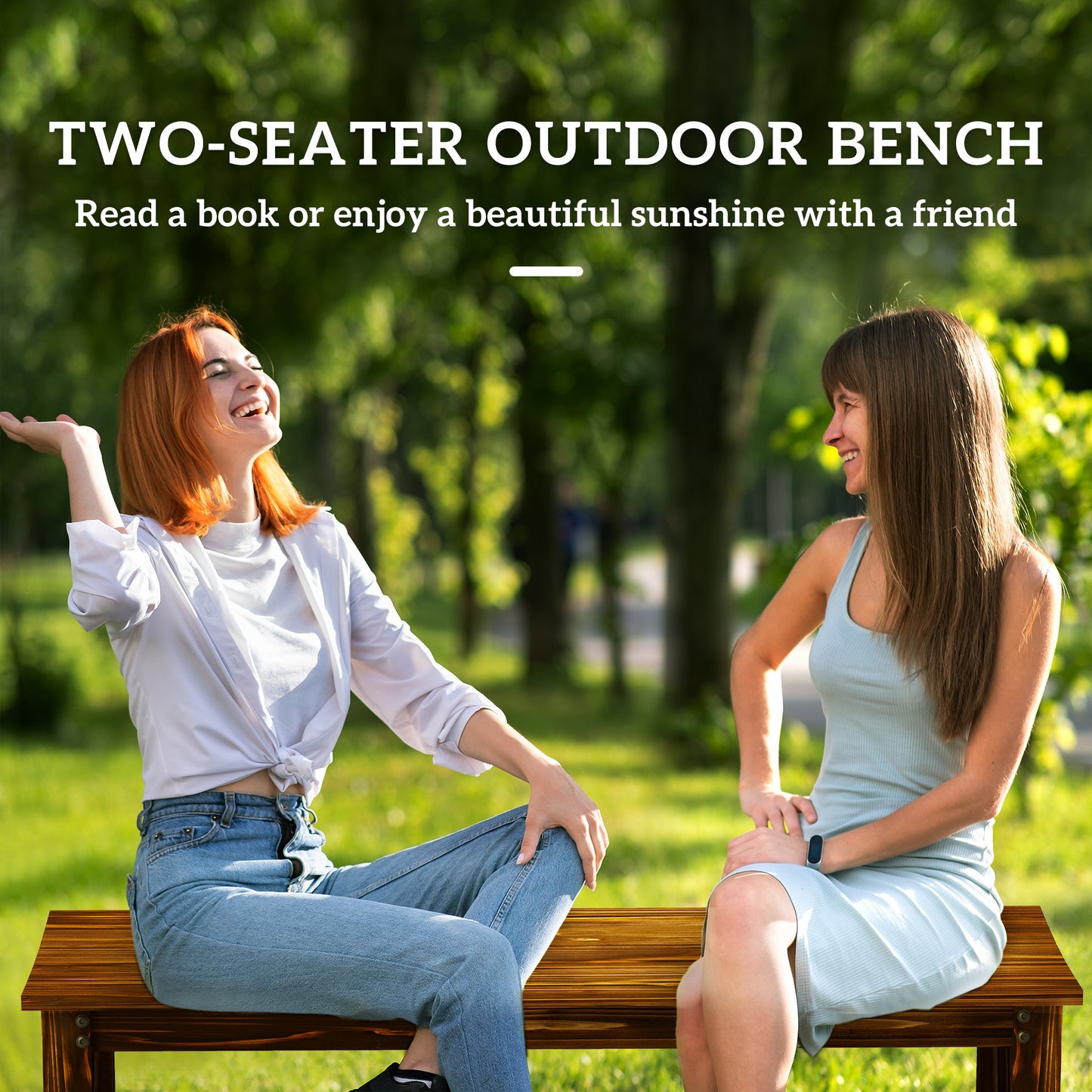 2-Seat Wood Garden Bench, Patio Bench Outdoor Bench With Slatted Seat, Backless Front Porch Bench For Park, Garden, Poolside, Deck, Carbonized