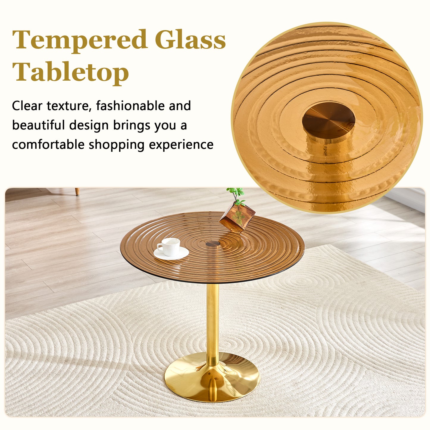35 Inch Diameter, Light Luxury Brown Ring Glass Round Table. Golden Metal Pillar. Negotiation Table, Household Coffee Table, Dining Table. Suitable For Small Dining Spaces Of 2-4 People.