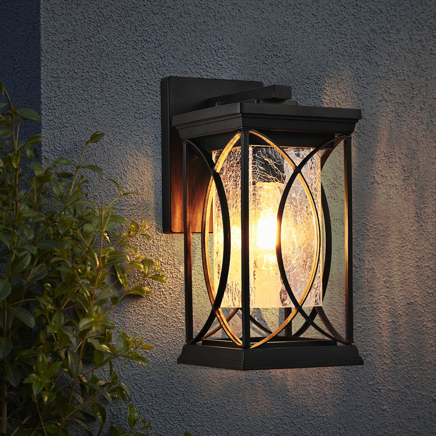 14 H 1-pack Black Outdoor Wall Lantern With Crackled Glass, Weather-Resistant Exterior Light Fixture For Porch, Patio, And Entryway, Modern Decorative Wall Sconce With E26 Base Bulb Not Included