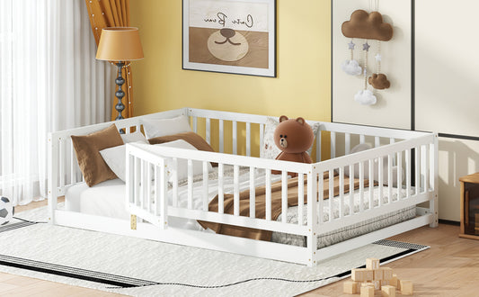 Full Size Floor Bed With Slats, Montessori Floor Bed With Fence And Door, Kids Montessori Bed Full Size, Wood Montessori Floor Bed For Kids, Girls, BoysWhite
