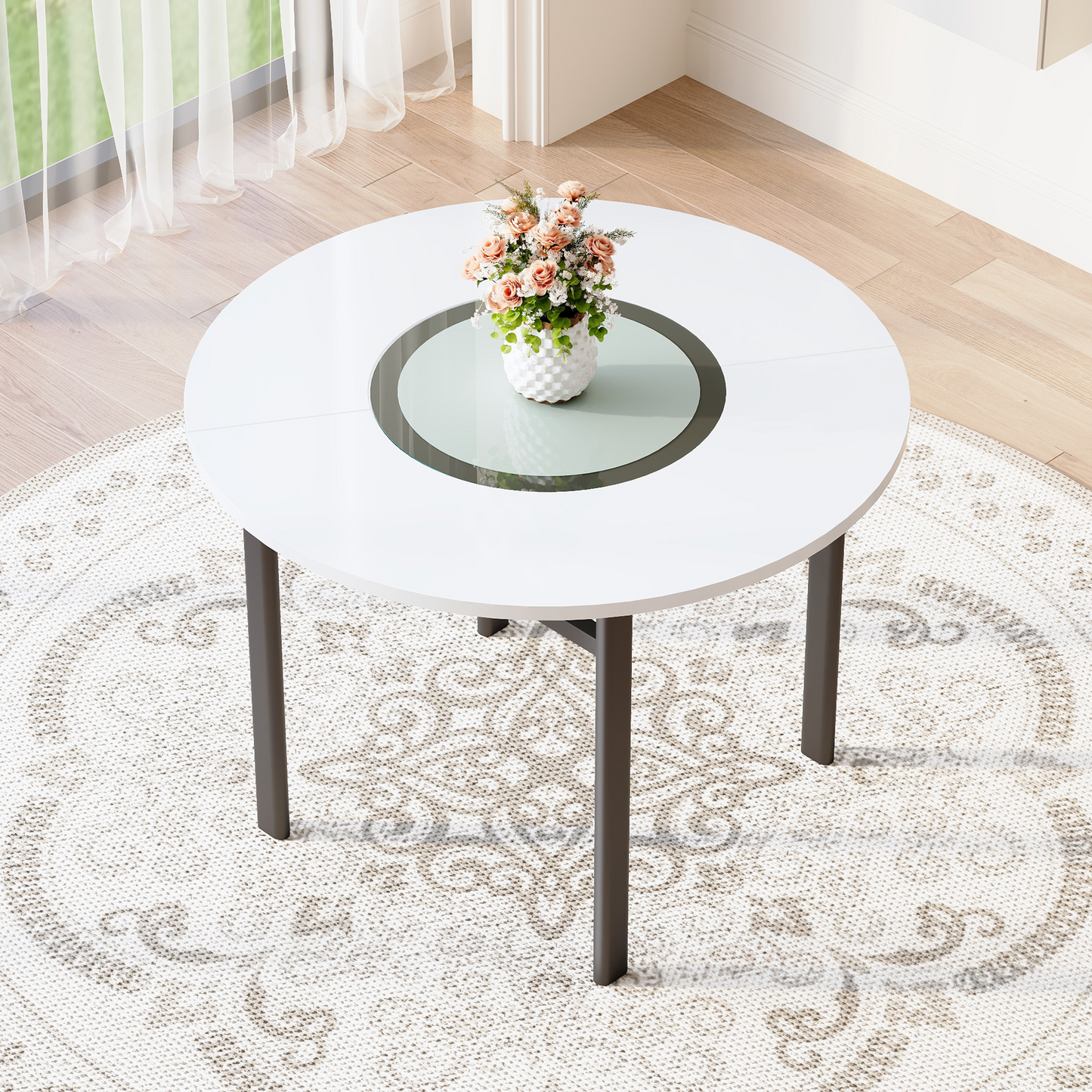 42 Inch Modern Minimalist White Desktop Round Dining Table Suitable For 4-6 People   Gray Glass Inlay  Metal Stable Bracket, Suitable For Multiple Scenarios  .