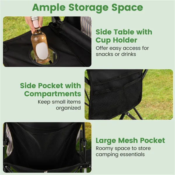 Oversized Foldable Camping Chair With Side Table & Cup Holder, 330 LBS Capacity For Outdoor Use-Black