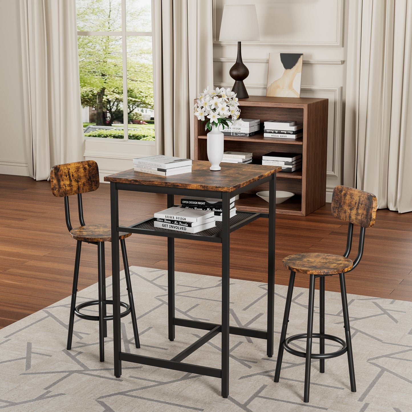Bar Table, Equipped With 2 Bar Stools , With Backrest And Partition Rustic Brown