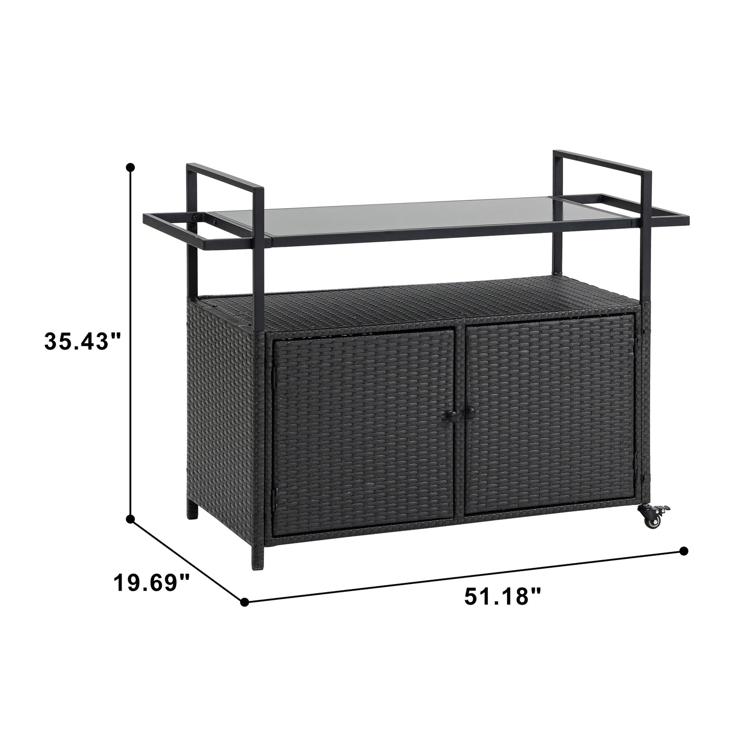 Outdoor Wicker Bar Cart, Patio Wine Serving Cart W Wheels, Rolling Rattan Beverage Bar Counter Table W Glass Top For Porch Backyard Garden Poolside Party, Black