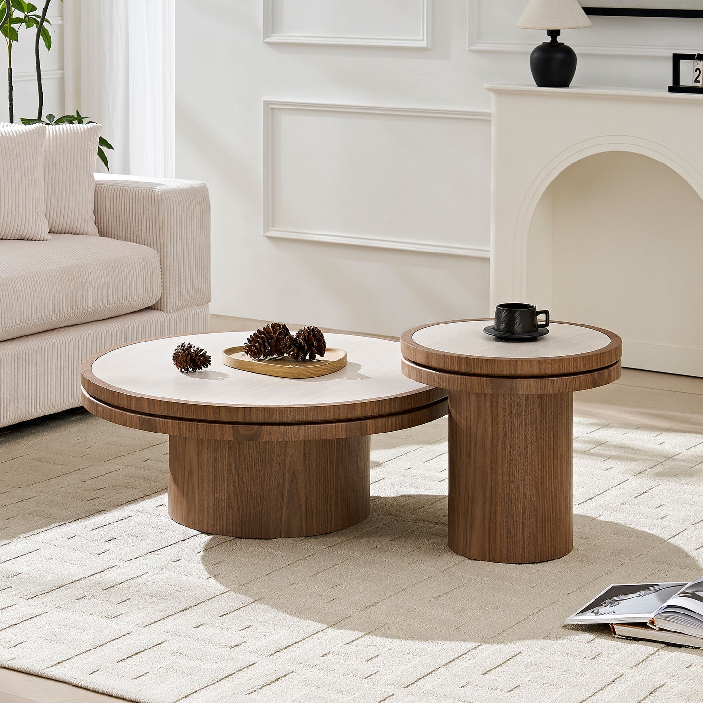 Set Of 19.49   35.43   MDF Round Coffee Table  Sintered Stone Tabletop For Living Room Apartment  Reception Room  WALNUT