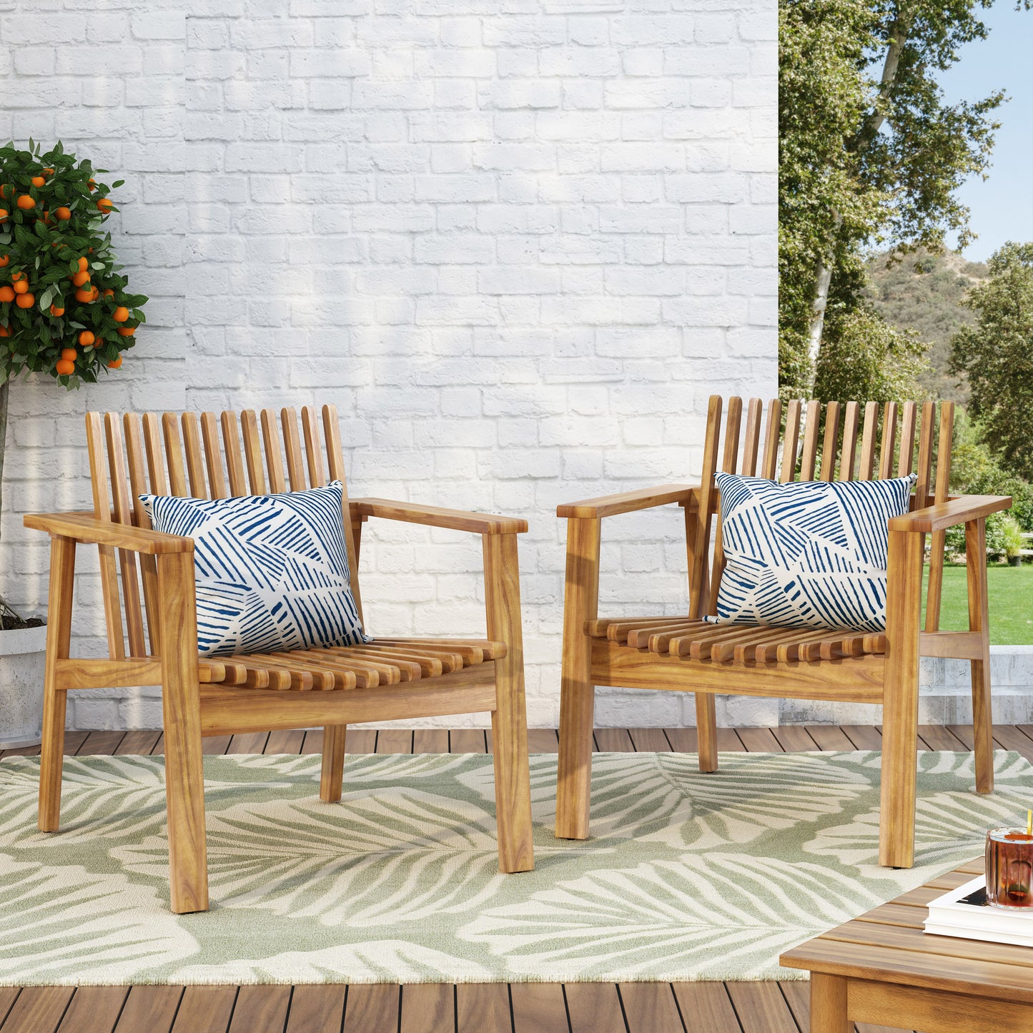 Outdoor Acacia Wood Slatted Club Chairs, Set Of 2, Teak Finish, Acacia Wood, 30D X 28W X 30.75H