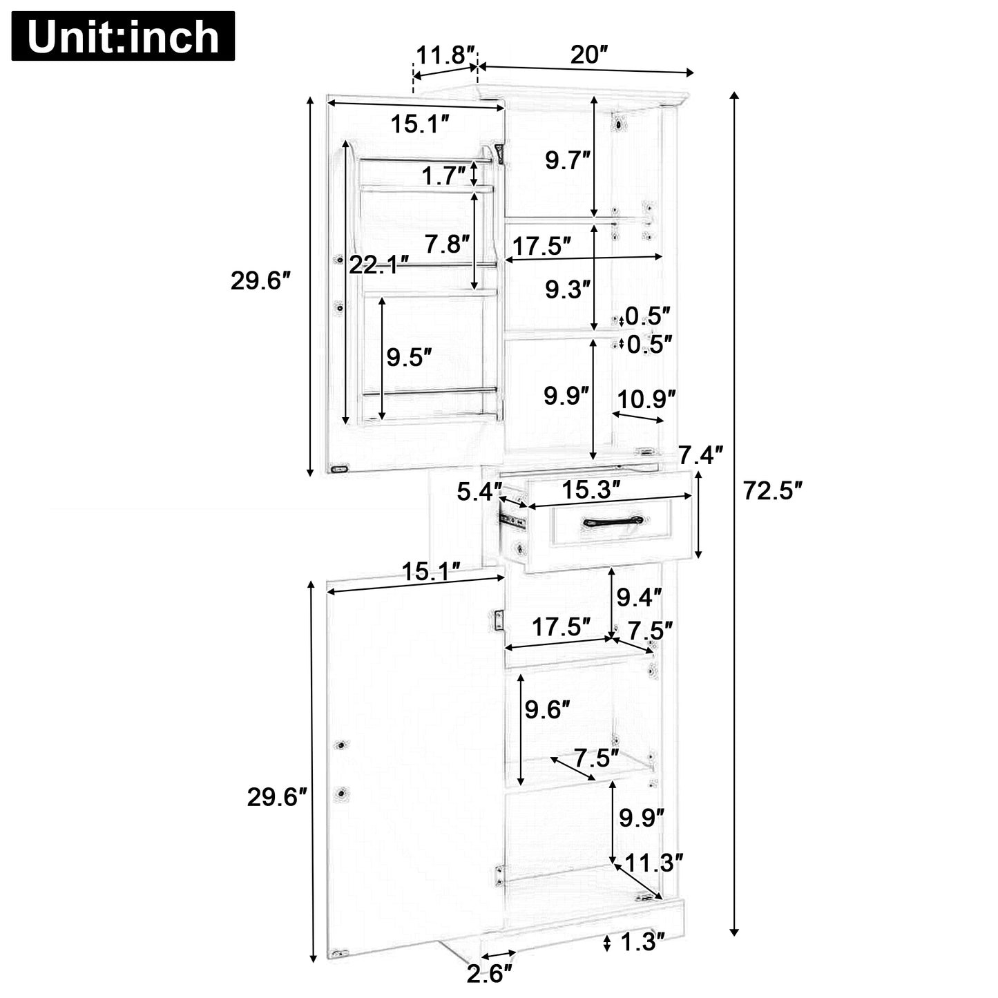 Tall Bathroom Storage Cabinet, Freestanding Storage Cabinet With Two Doors And Adjustable Shelves, Door Shelve Design, MDF Board With Painted Finish, Black