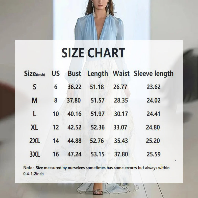 Women's Deep V-Neck Floral Print Boho Maxi Dress With Long Sleeves - A-Line Waist Ruffle Hem Dress For Spring&Summer Vacation