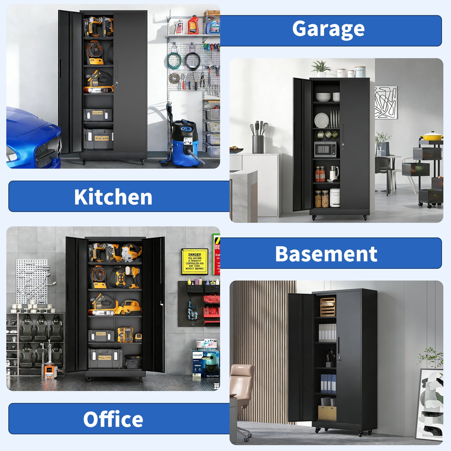 Garage Storage Cabinet With Wheels And Lock, 71 Inch Heavy Duty Rolling Metal Cabinet, 4 Adjustable Shelves  180lb Each , 3-Point Locking Security, For Tool Organization In Garage, Workshop, Office