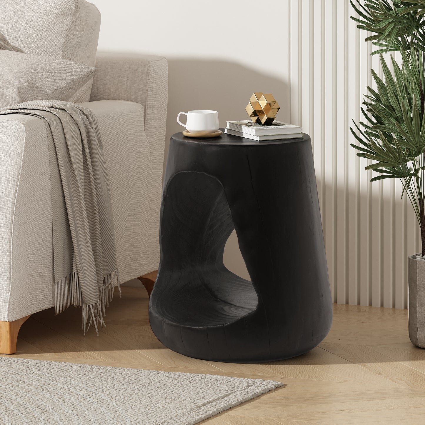 MGO Hollow Side Table, Wood-like Texture, Black Color