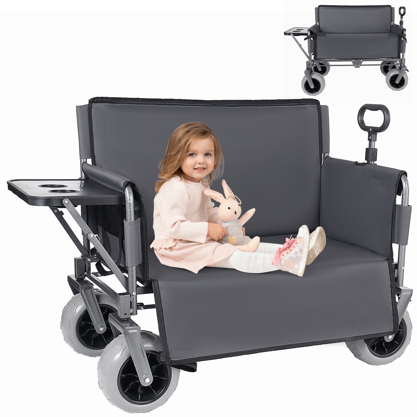 3- In- 1 Collapsible Wagon Converts To Bench Convertible Folding Wagon Cart With Rear- Mounted Folding Tabletop  500lbs Heavy- Duty  180L Capacity For Camping  Beach  Garden  Fishing- Gray
