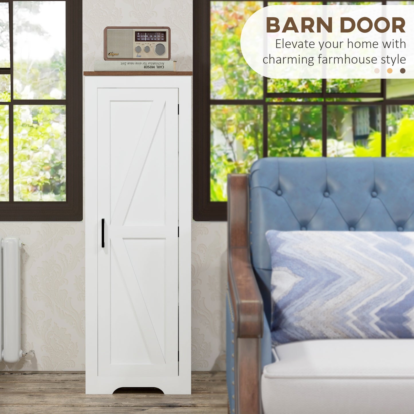 Farmhouse Accent Cabinet With Adjustable Shelf Barn Door Storage Cabinet For Living Room Floor Pantry Cabinet, White