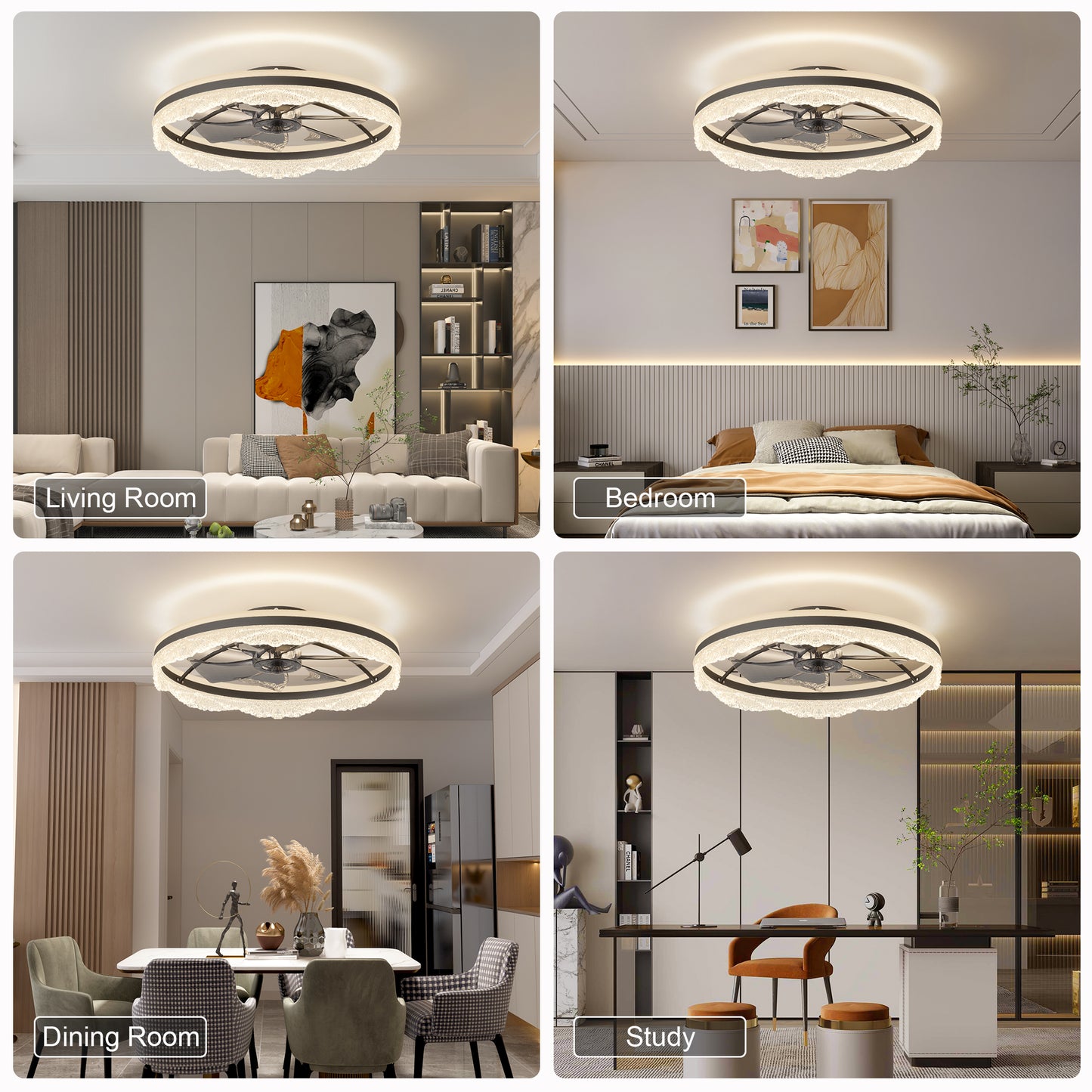 24  Quiet Ceiling Fan With Light   LED Crystal Flush Mount Fan Lamp With Hidden Blades And Natural Airflow, Perfect For Bedroom, Kids Room, Study Room