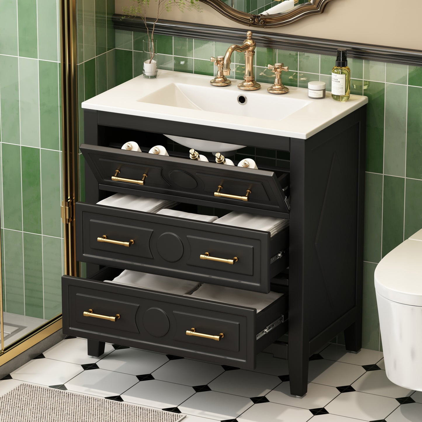30   Bathroom Vanity With Ceramic Sink Combo, Free Standing Single Vanity Set With 3 Drawers, Solid Wood Frame Bathroom Storage Cabinet, Black