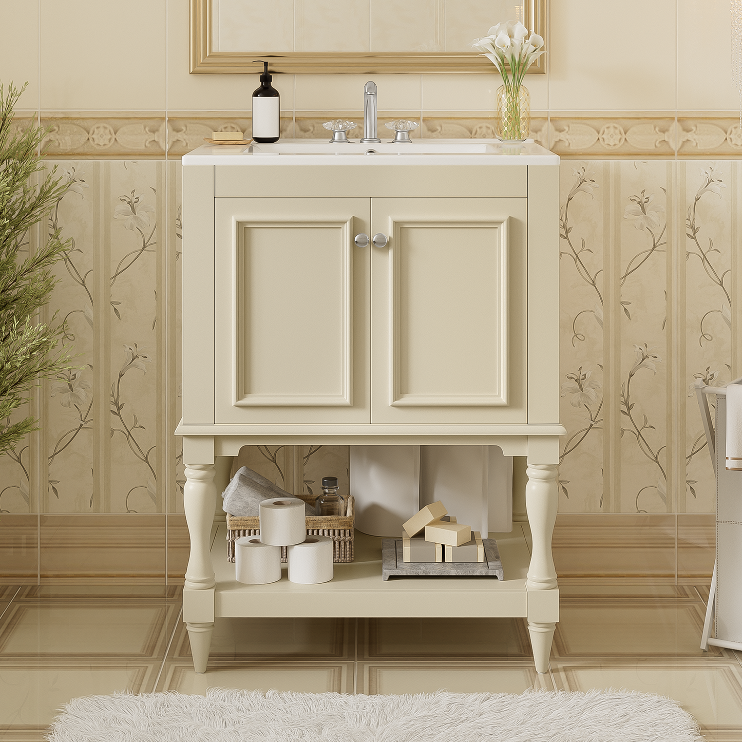 24 Inch Modern Luxury Bathroom Vanity With Ceramic Sink, Bathroom Cabinet With Open Shelf And Closed Storage