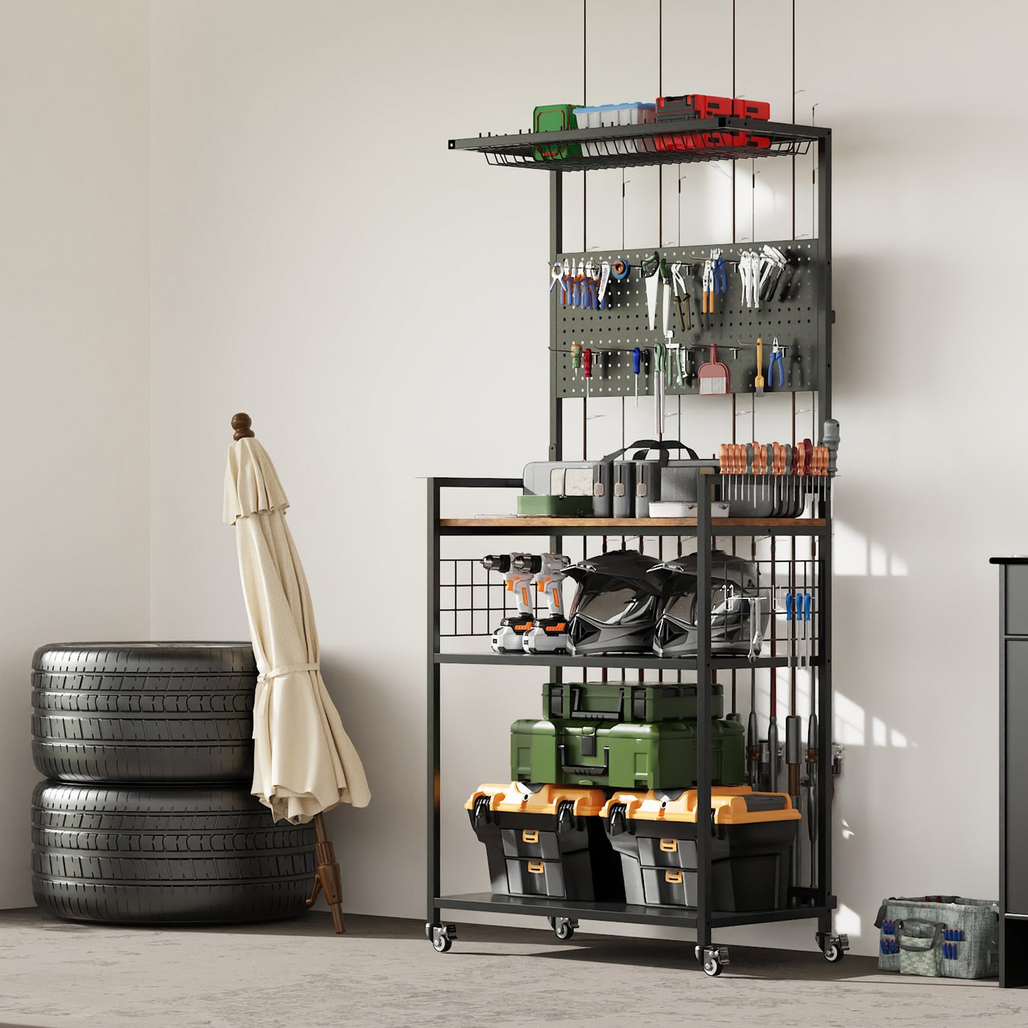 Fishing Rod Storage Rack With Pegboard, Rolling Tackle Organizer Cart, Multi-Tier Fishing Gear Stand For Rods, Reels, Tackle Boxes & Bags, Heavy Duty Metal Holders With Lockable Wheels