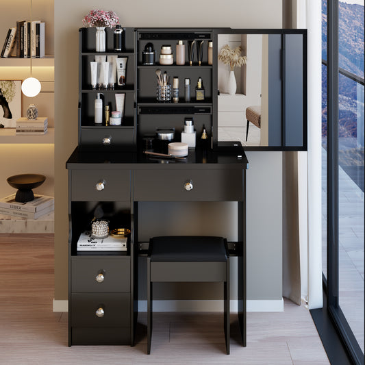 29.2  Small Space Left Drawer Desktop Vanity Table   Cushioned Stool, Extra Large Right Sliding Mirror, Multi Layer High Capacity Storage, Practical Fashionable Dresser, EPA, GCC, UL Certificate