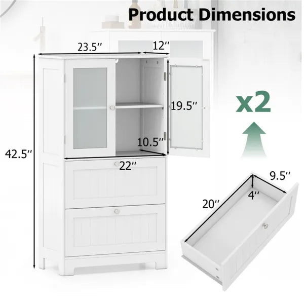 Freestanding Floor Storage Cabinet With Adjustable Shelf & 2 Drawers, Frosted Tempered Glass Door Sideboard