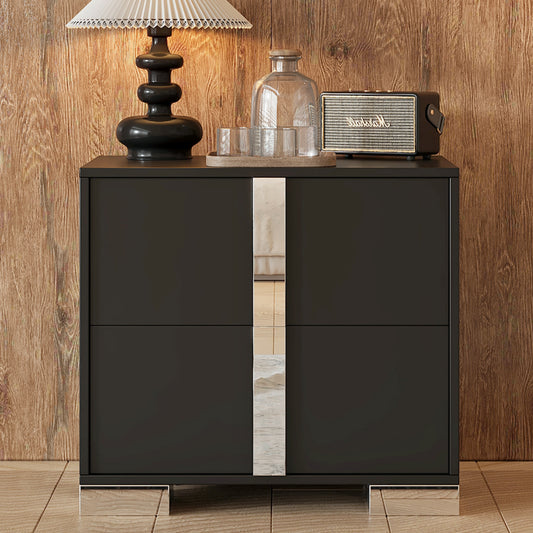 Elegant Nightstand With Metal Foot, Mirrored Bedside Table With 2 Drawers For Bedroom, Living Room, Black