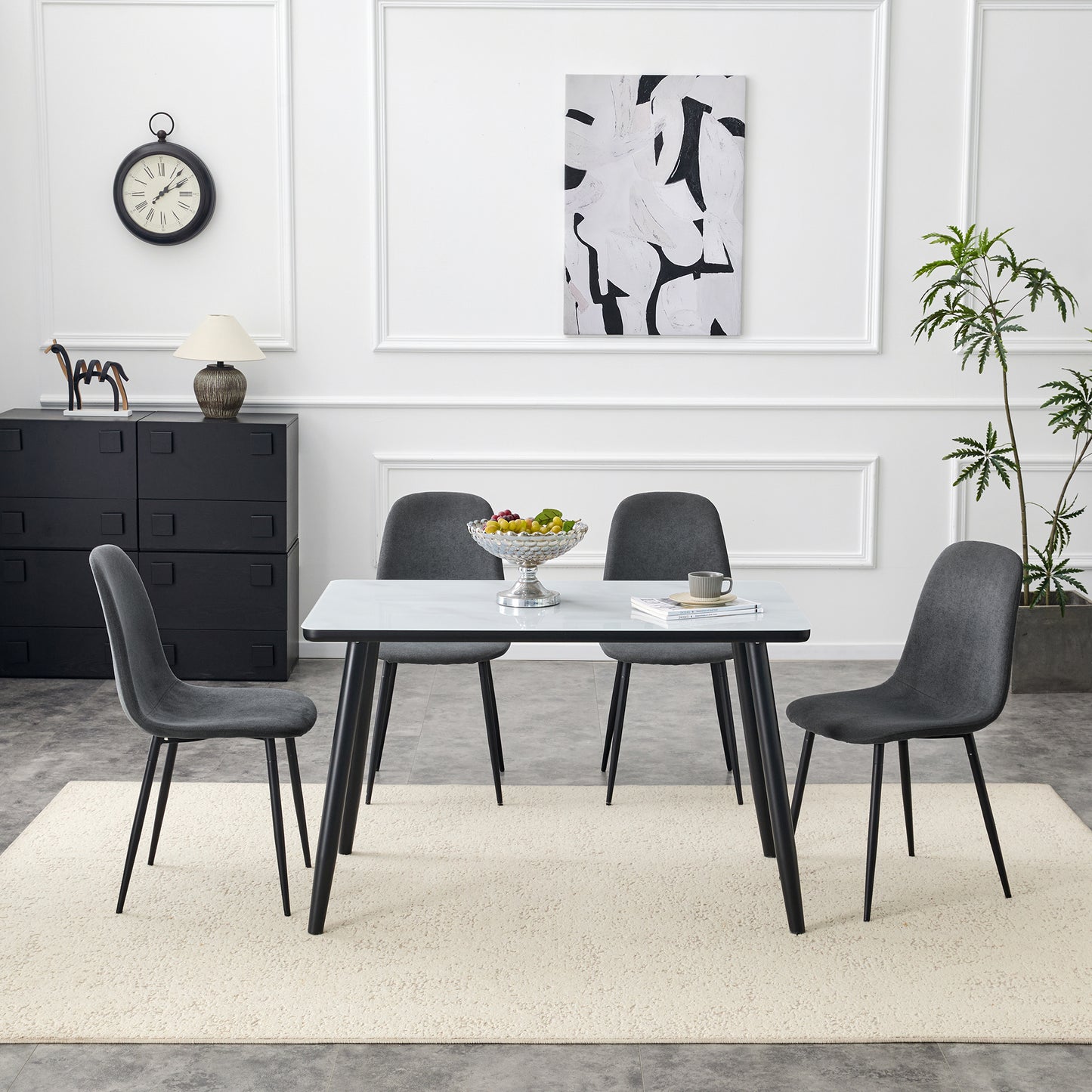 Table And Chair Set.Modern Dining Table. White Imitation Marble Texture Glass Top    Lower Black MDF Board,black Metal Legs.Paired With 4 Dark Gray Linen-Cotton Material Dining Chair With Metal Leg.