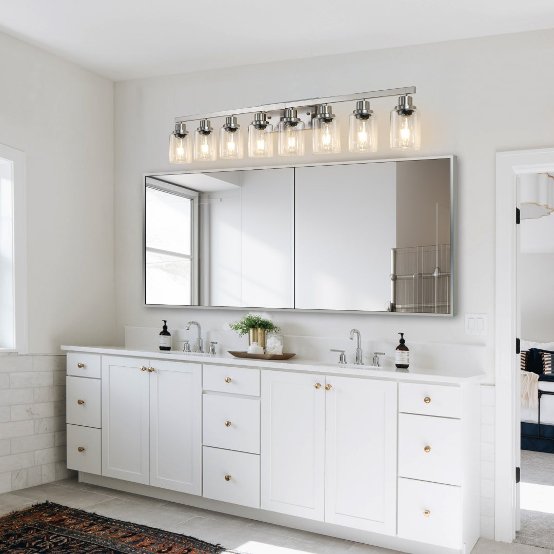 51  Modern 8-Light Bathroom Vanity Light Fixture - Brushed Nickel Finish With Clear Glass Shades, Perfect For Bathroom, Vanity, And Dressing Area Lighting  No Bulbs