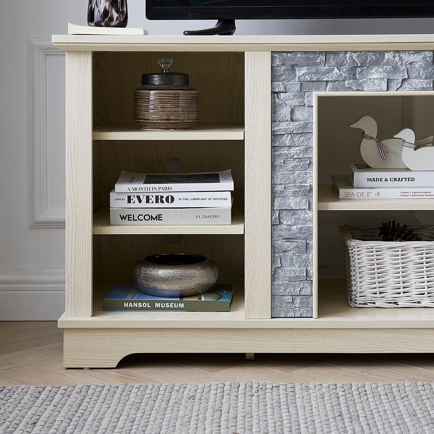 Mantel Stone TV Media Stand With With Faux Stacked Stone Surround, Modern Entertainment Console With Open Storage Space,WHITE, 58.31 Wx15.39 Dx26.06 H
