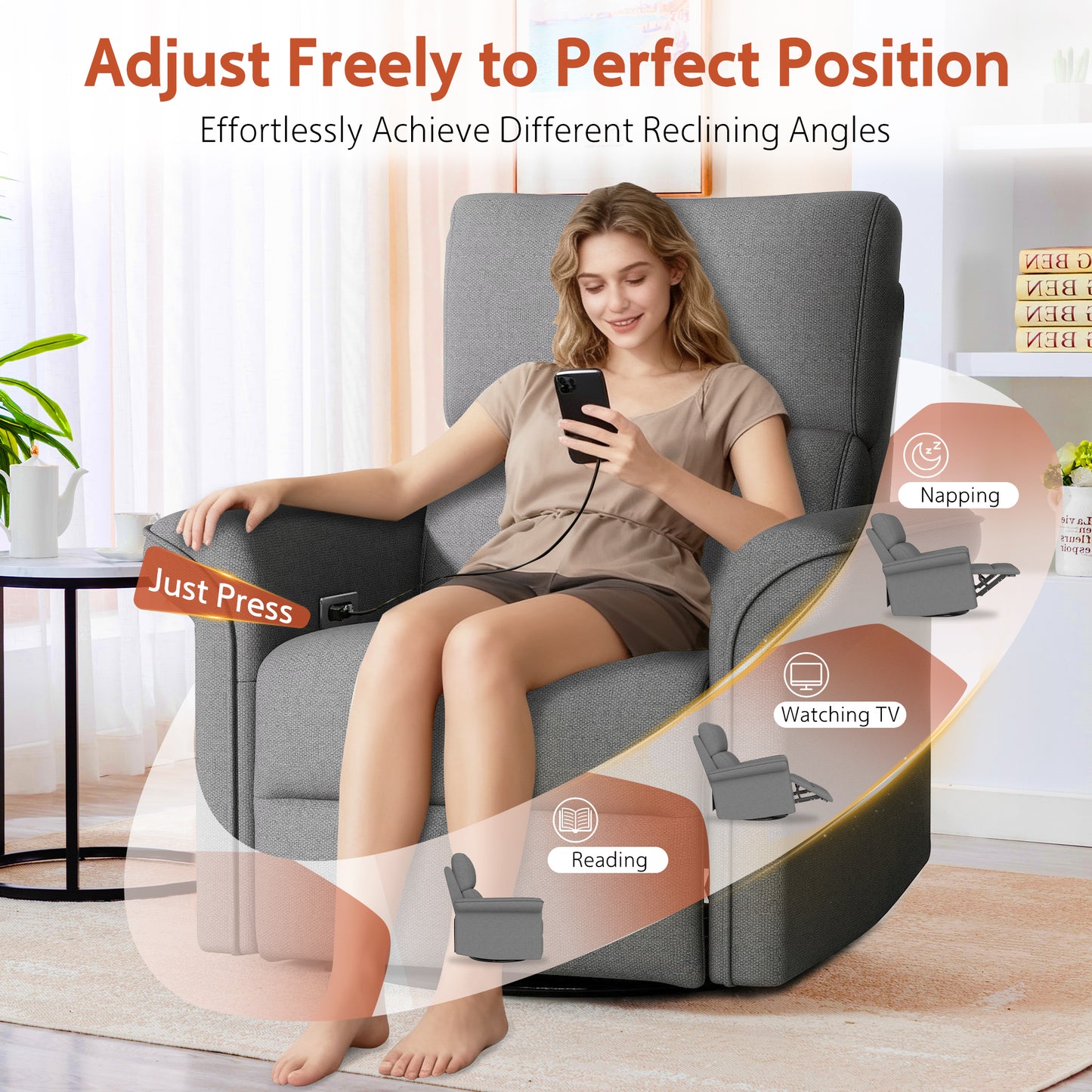 270 Power Swivel Rocker Recliner Chair For Adult,Rocking Glider Nursery Recliner For Small Spaces,Fabric Rocking Chair For Nursery,Single Sofa Recliner For Home Theater Living Room Bedroom Dark Gray