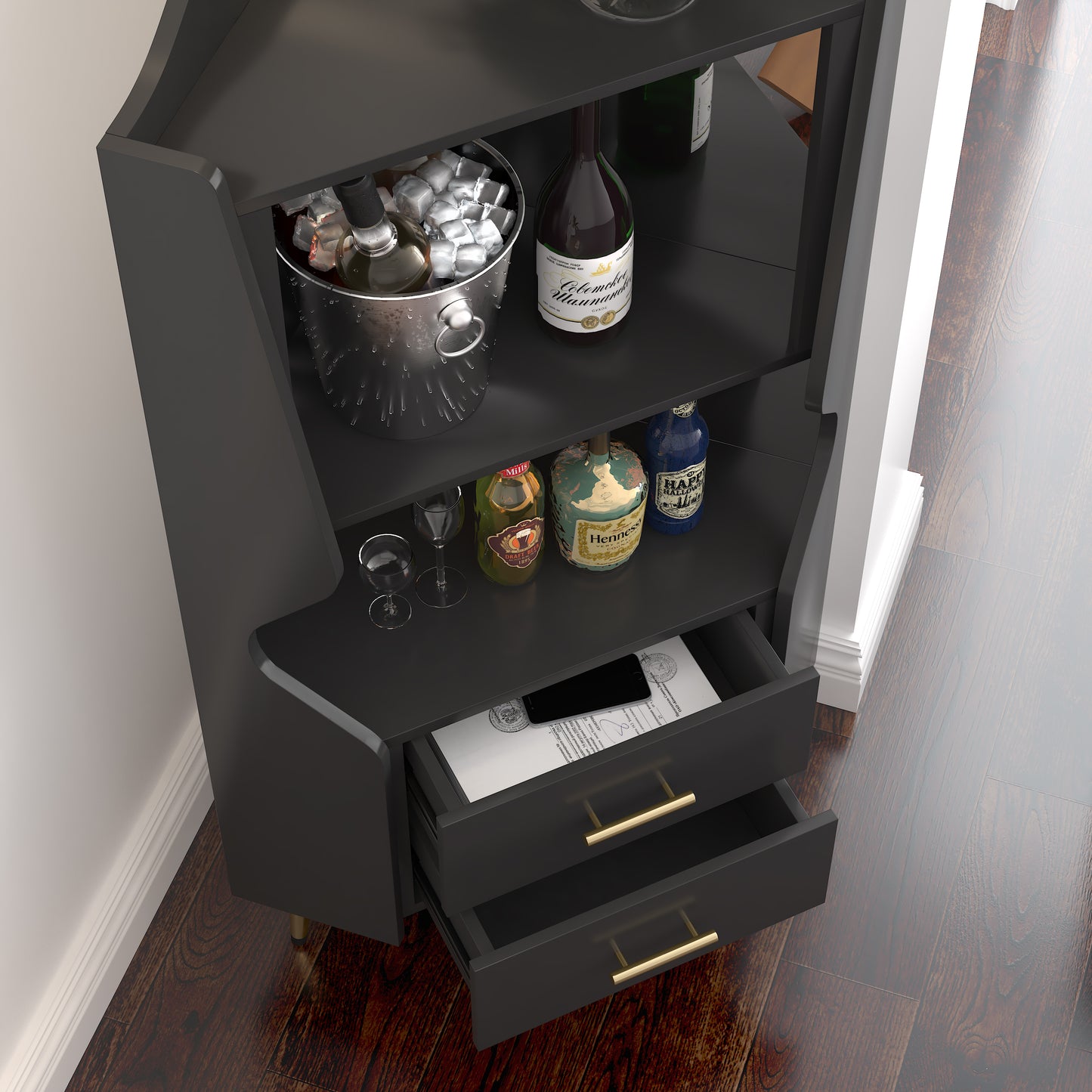 Wooden Corner Bar Cabinet With 2 Open Storage Shelves And 2 Drawers, Mirrored Back Sideboard Cabinet, High Feet Legs For Easy Cleaning, Buffet Cabinet BLACK