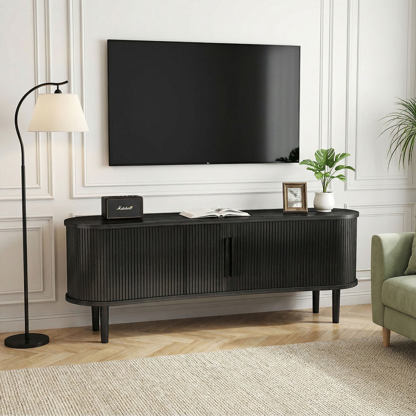 63in Fluted TV Stand Modern Media Console Table Entertainment Center With Sliding Door And Solid Wood Legs For Living Room Bedroom Office Black