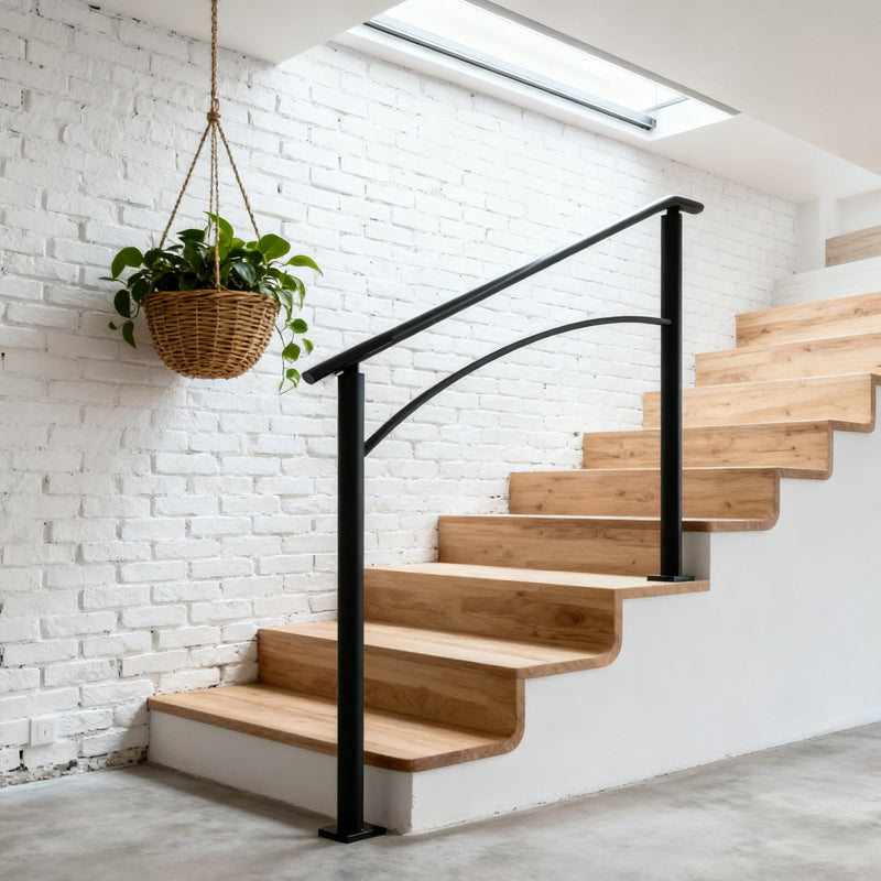 Handrails For Outdoor Steps, Fit 1 Or 3 Steps Outdoor Stair Railing, Black Wrought Iron Handrail, Flexible Front Porch Hand Rail, Transitional Handrails For Concrete Steps Or Wooden Stairs