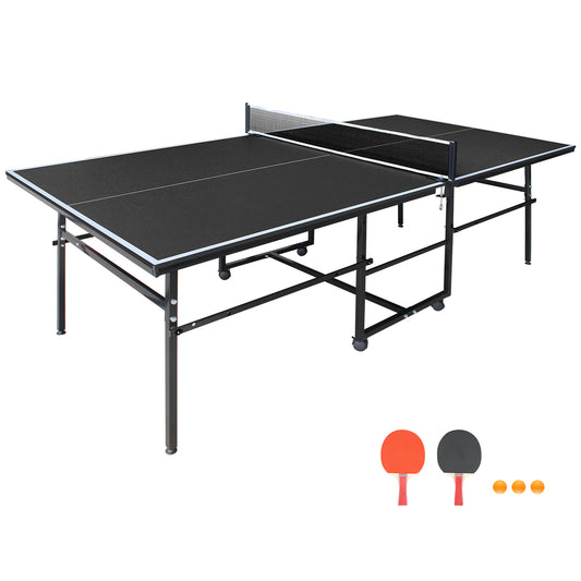 8.5x4. 3ft Black Mid-Size Table Tennis Table Foldable & Portable Ping Pong Table Set For Indoor Games With Net, 2 Table Tennis Paddles And 3 Balls