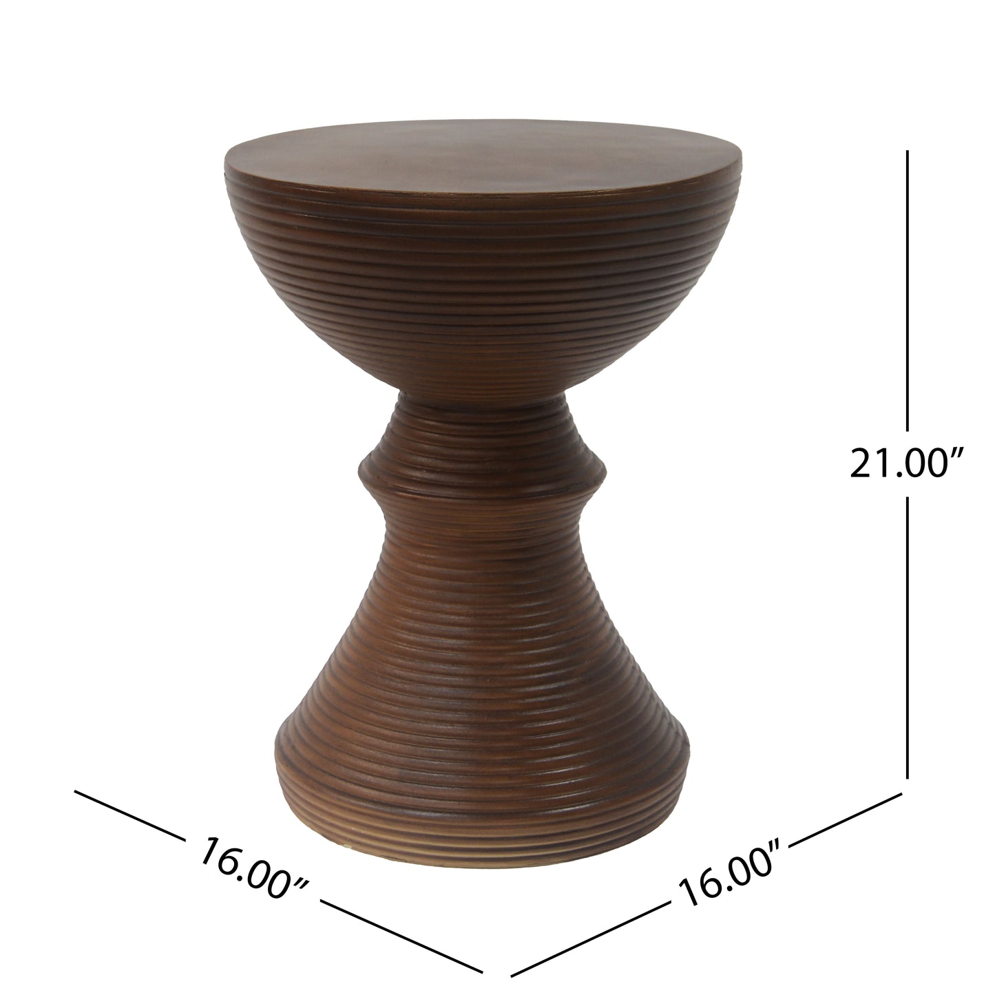 16  Ribbed Brown Concrete Outdoor Side Table With Hourglass Design -Weather-Resistant Accent For Patio, Garden, Or Balcony