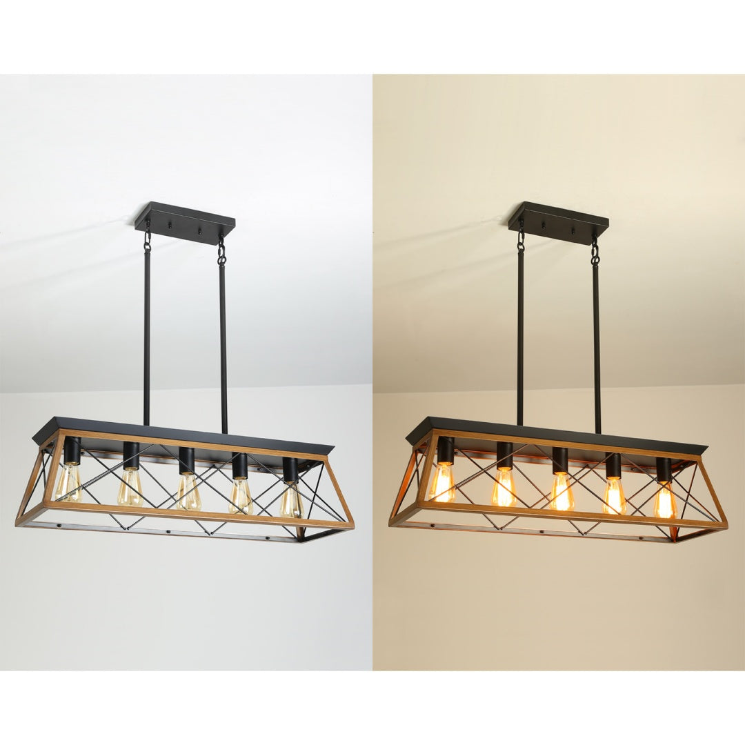 32in  Walnut Industrial 5-Light Pendant Chandelier, Modern Metal Cage Design, Adjustable Hanging Light For Dining Room, Kitchen, Living Room -No Bulbs